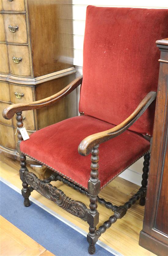 An Edwardian bobbin turned barley twist oak armchair